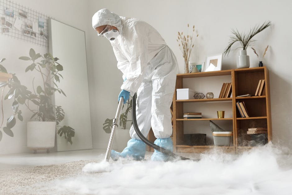 A professional cleaner wearing a full white protective suit, face mask, goggles, and blue gloves, is conducting a deep surface cleaning on a beige carpet with a steam cleaning machine, generating stea